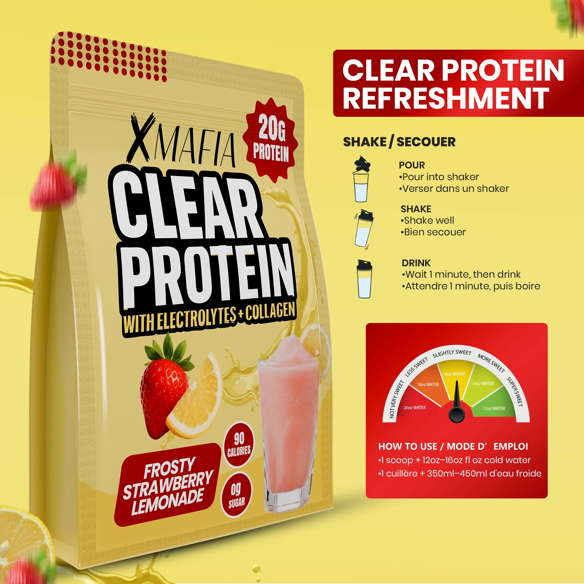 XMAFIA Clear Protein Water Powder – Frosty Strawberry Lemonade | 20g Protein with Electrolytes + Collagen | 0g Sugar Flavoured Clear Protein Water Drink Mix