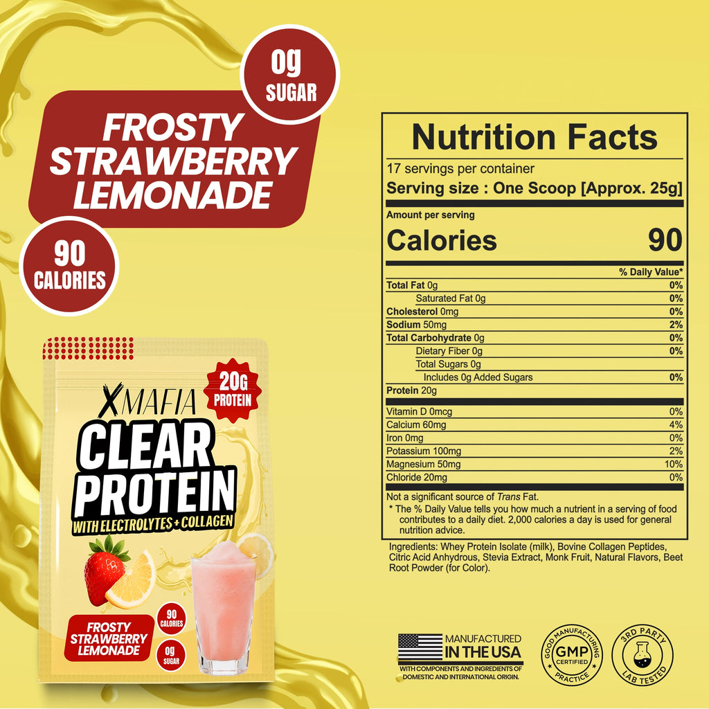 XMAFIA Clear Protein Water Powder – Frosty Strawberry Lemonade | 20g Protein with Electrolytes + Collagen | 0g Sugar Flavoured Clear Protein Water Drink Mix