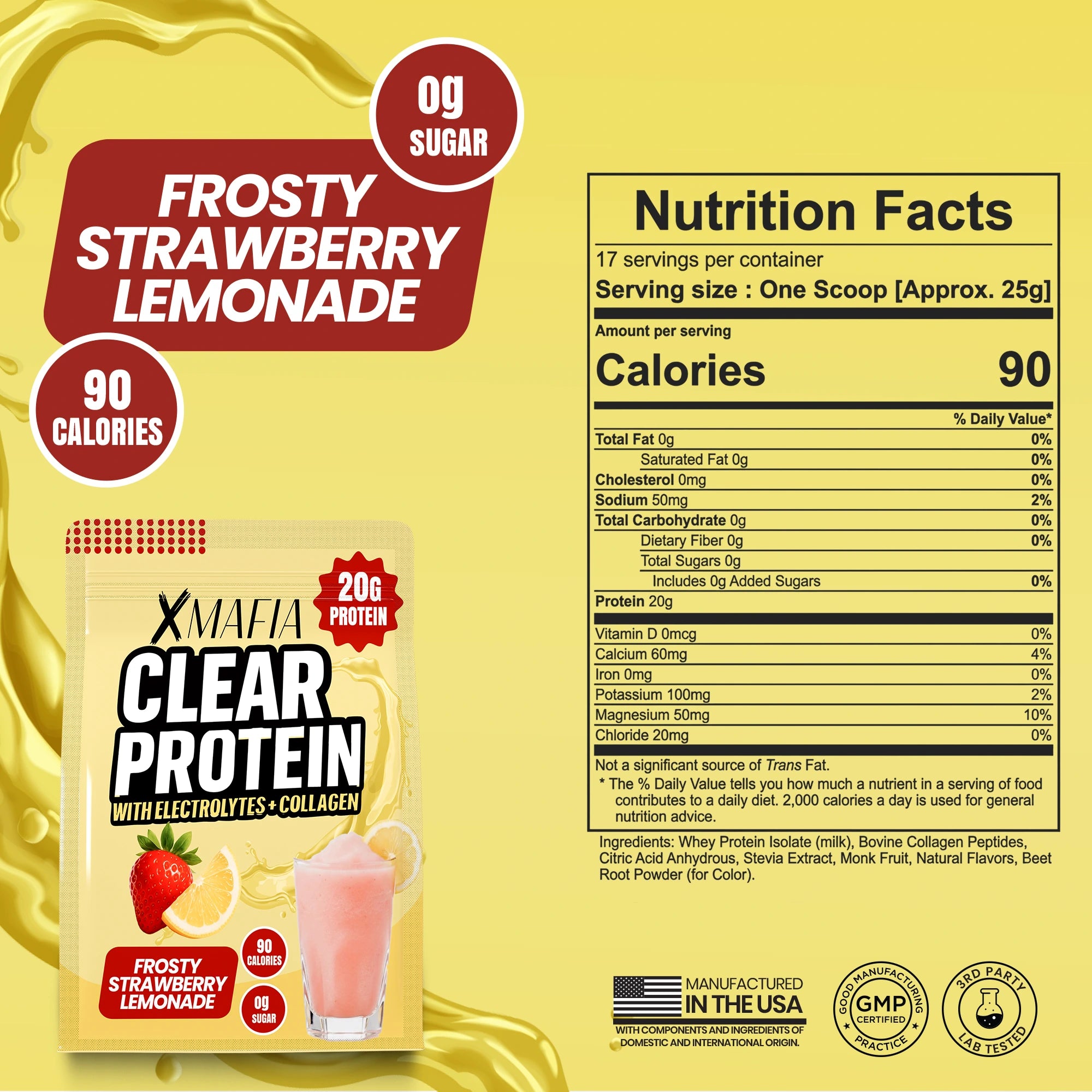 XMAFIA Clear Protein Water Powder – Frosty Strawberry Lemonade | 20g Protein with Electrolytes + Collagen | 0g Sugar Flavoured Clear Protein Water Drink Mix