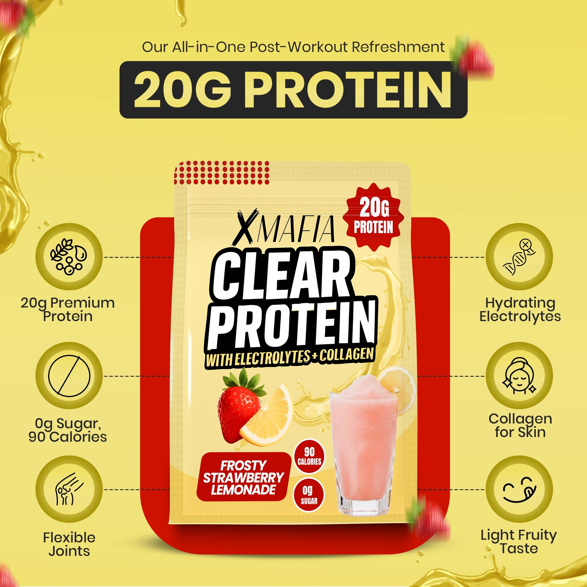 XMAFIA Clear Protein Water Powder – Frosty Strawberry Lemonade | 20g Protein with Electrolytes + Collagen | 0g Sugar Flavoured Clear Protein Water Drink Mix
