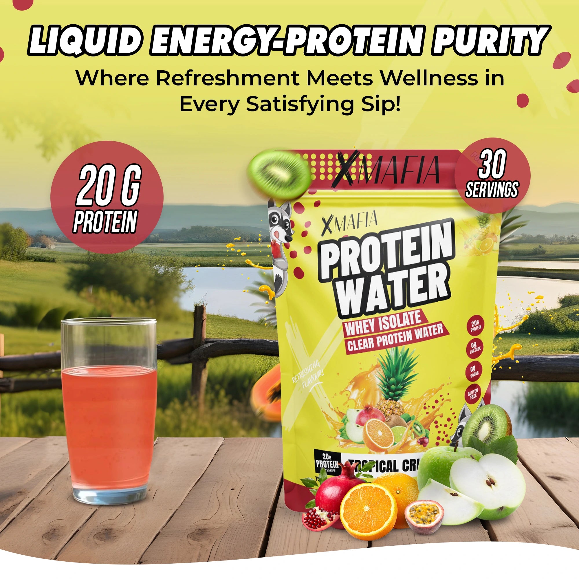 XMAFIA Protein Water - Tropical Crush Clear Protein Water Powder - 20g Whey Isolate Protein Drink - 0g Sugar Flavoured Protein Water