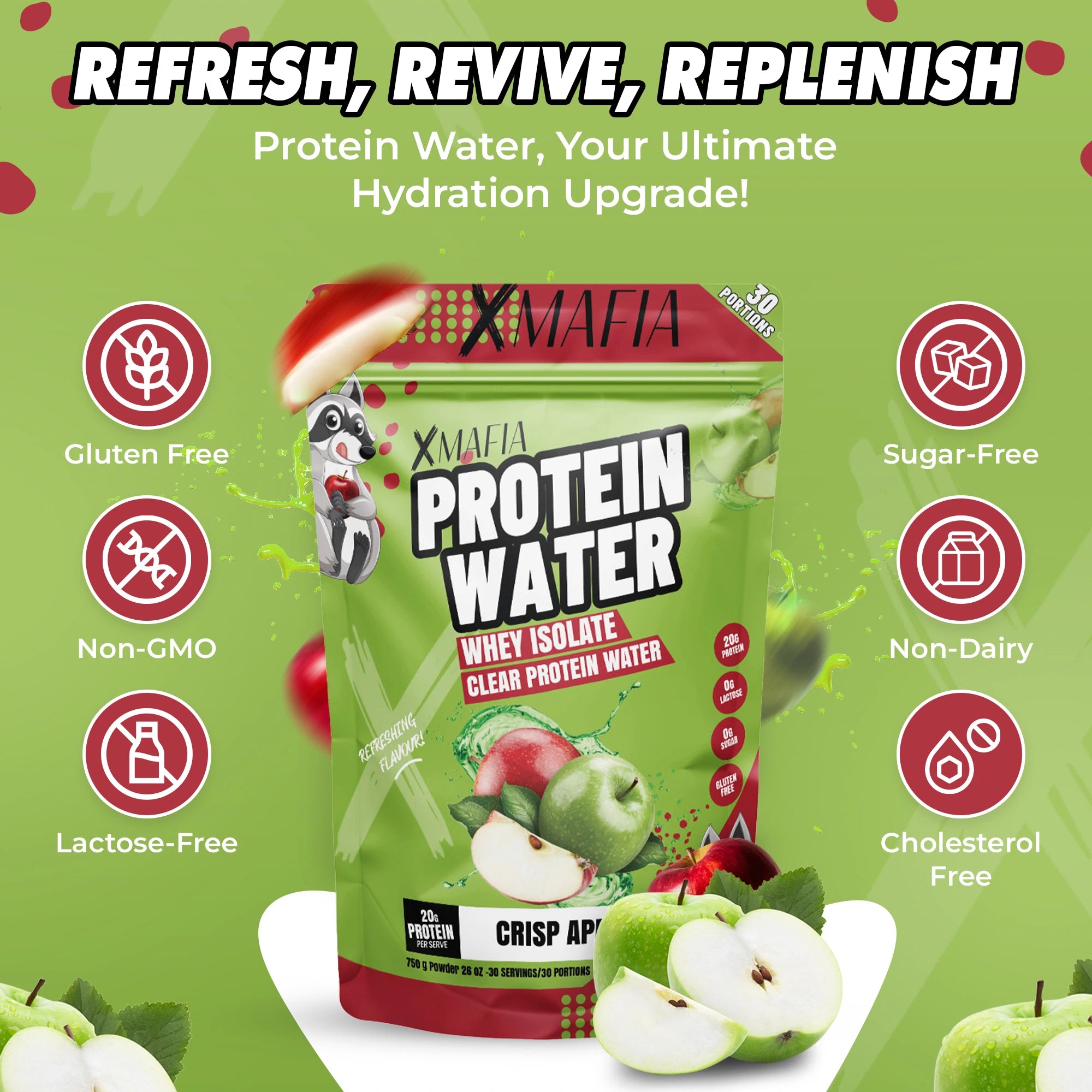 XMAFIA Protein Water Crisp Apple - Clear Whey Isolate Protein Water Powder - 20g Protein - 0g Sugar Flavoured Protein Water Drink